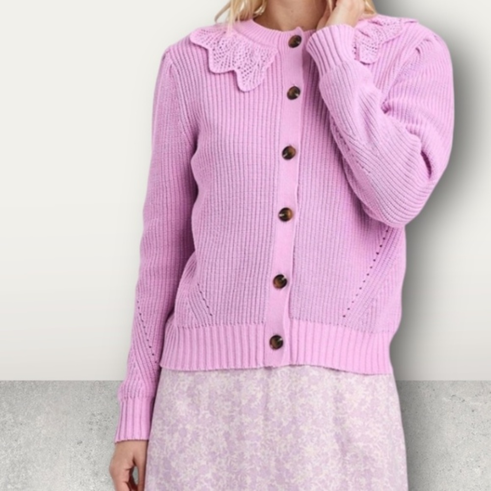 NWT ~ WHO WHAT WEAR size MEDIUM ~Purple / Pink sweater w/ crochet knit collar - Picture 11 of 13
